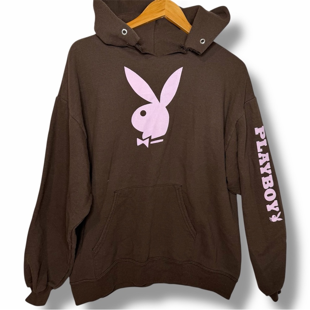 Vintage Y2K Playboy Hoodie Brown Pink Logo Jerzees Streetwear Size Large
